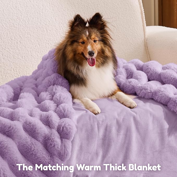 Human Dog Bed for Adult - Luxury Striped Faux Fur Giant Dog Bed with Portable Handle Egg Orthopedic Foam Pad with Thick Blanket 72x40x10 Purple