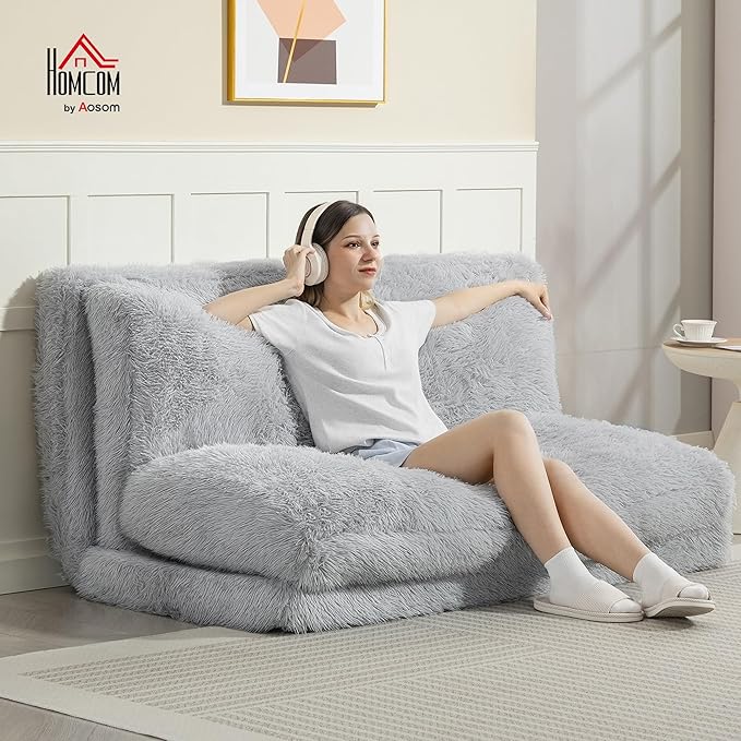 HOMCOM Bean Bag Chair Floor Sofa Bed for Adults Thick Long Folding Sofa Bed 54 x102 in Wall Couch Sleeper Chair Floor Mattress for Living Room Light Gray