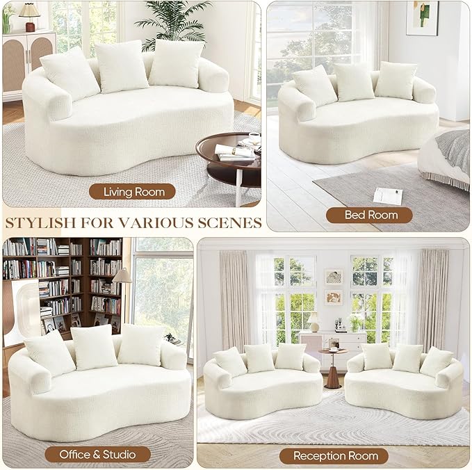 60 Curved Sectional Sofa for Small Spaces - Plush Chenille Modern Cloud Loveseat with Pocket Springs &amp Memory Foam Boneless Floor Couch for Living Room 27.6 Extra Deep Seat No Assembly (Beige