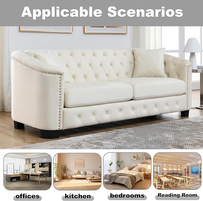 2 Piece Modern Chesterfield Velvet 77 3-Seater Sofa SetUpholstered Tufted Backrests with Nailhead Arms and 4 Cushions for Living Room Bedroom ApartmentBeige