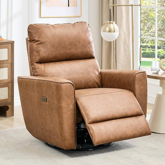 GarveeHome Power Recliner Chair 270° Swivel Rocking Glider with USB Charging Port PU Leather Upholstered Fabric Ergonomic Modern Nursery Chair for Living Room Bedroom Nursery (Brown)