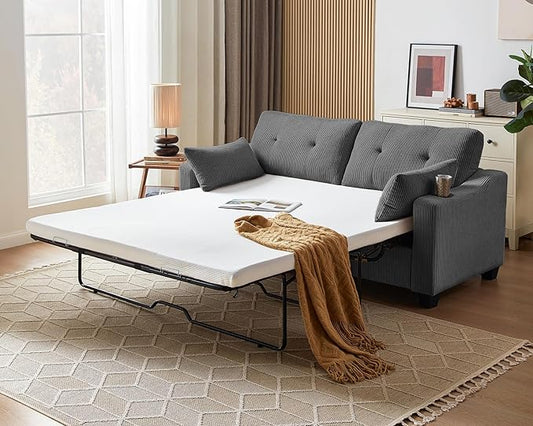 Queen Size Pull Out Sleeper Sofa Bed 2-in-1 Convertible Corduroy Pull Out Couch Bed with USB Charging Memory Form Loveseat Sleeper for Living RoomApartmentSmall SpaceCorduroy Dark GreyQueen Size
