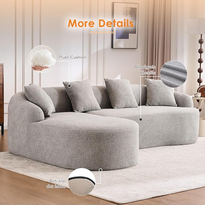 Curved Sectional Sofa Couch Oversized L Shape Deep Seat Cloud Couch Modern Chenille 4-Seater Sofa with Chaise No Assembly Required Couches for Living Room Apartment Office Grey