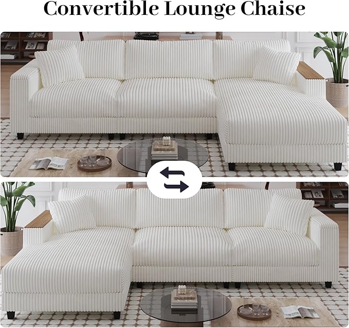 Modular Sectional Sofa 114.5 Convertible L Shaped Couch with Corduroy Fabric 3 Seater Corner Sleeper Sofa with Chaise Storage Armrests &amp 2 Pillows Modern Comfy Upholstered Couches for Living