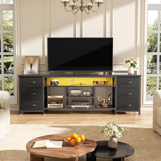 Furologee LED TV Stand for 65 70 Inch TV 63 Inch Entertainment Center with Power Outlets 6 Fabric Drawers Dresser for Bedroom Media Console with Open Shelves PU Leather Surface Black