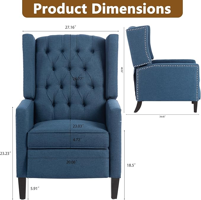 Wingback Recliner Chairs with Foldable Side Table&ampUSB Charging PortsMid Century Accent Single Sofa Small Recliner ChairModern Comfy Pushback Reclining Chair for Living Room (Polyester Blue)