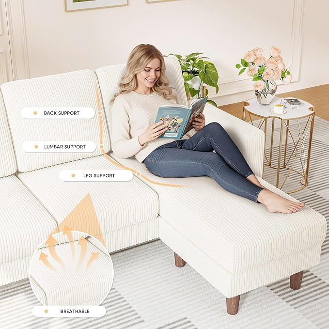 Homall Convertible Sectional Sofa 3 Seat L Shaped Couch with Side Storage Pocket Sofas with Movable Ottoman Corduroy Small Couches for Living Room &amp Apartment (Corduroy Beige)