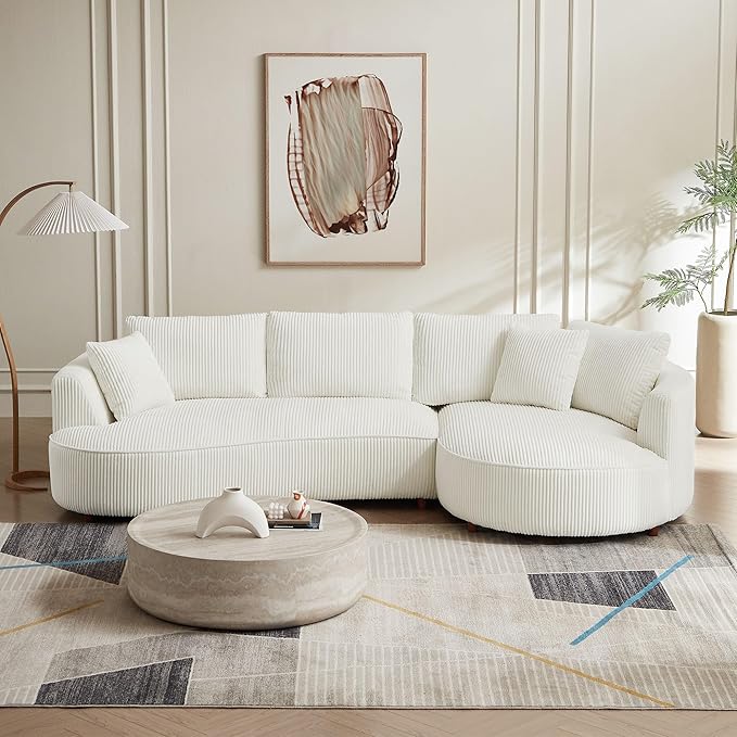 KEVINSPACE 122.04 Curved Sofa Modern Curved Couch Living Room Modular Sectional Sofa Set 4 Seat Sofa Mid Century Upholstered Couch Corduroy Fabric Sofa for Bedroom Apartment Right Hand Facing White