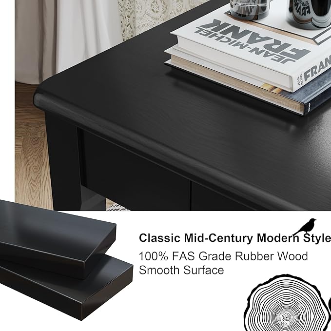 Solid Wood Desk with Drawers - 47 x 16 Inch Modern Narrow Desks Rubber Wood Study Table Small Writing Desk for Small Spaces|Bedroom - Black Desks