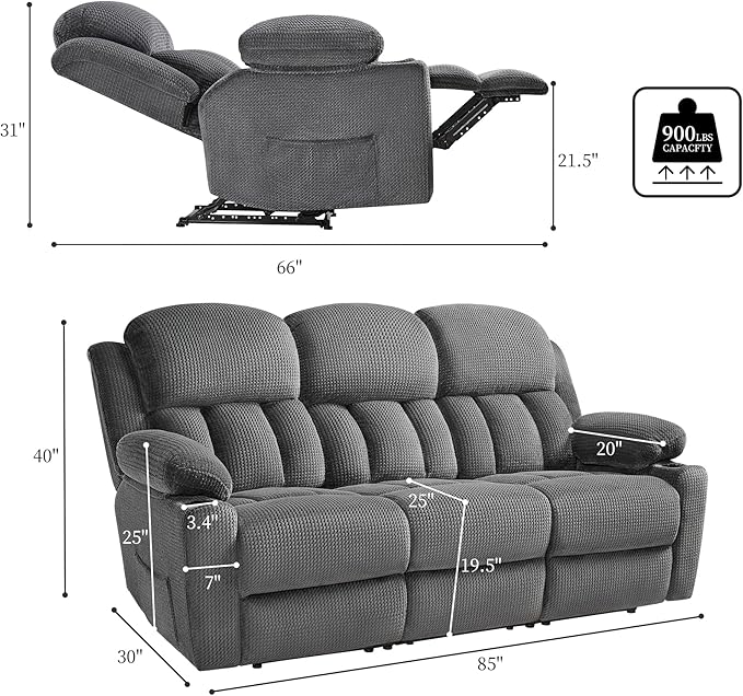 VanAcc Recliner Couch 3 Seater Sofa Recliner with Cup Holders for Living Room- 85 inch Comfy Couch with Dual Wingback Recliner Grey Oversized Recliner