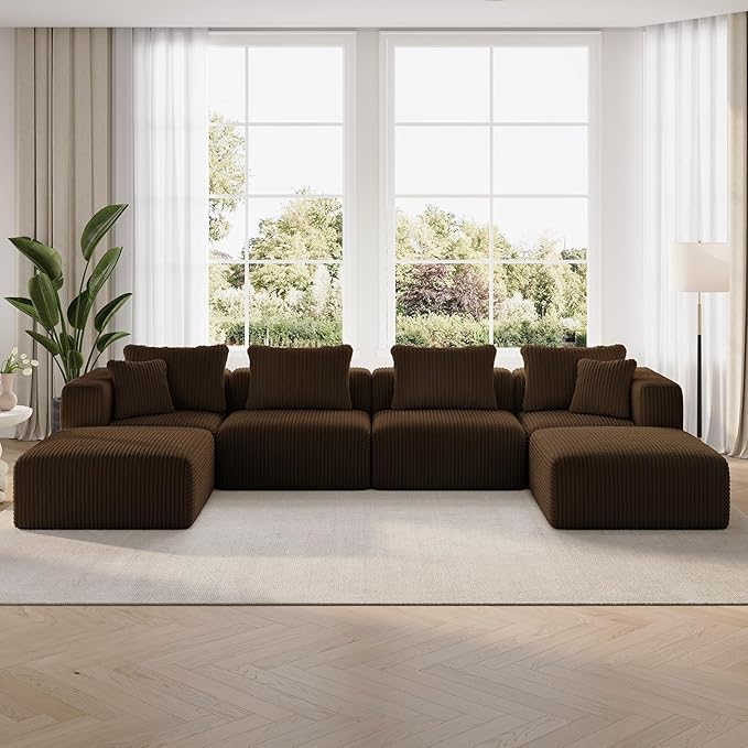 Novilla 141 Modular Sectional Sofa Modern Cloud Sectional Couch with Smarts Coil® Support U-Shape Boneless Couch for Living Room Apartments No Assembly Required Brown (4 Seat w/ 2 Ottoman)
