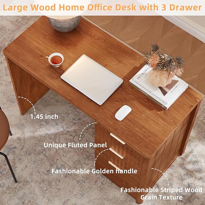 LEYAOYAO Office Desk 48 with 3 Drawers Storage File Cabinet Wood Fluted Desk for Computer Office Bedroom Home Furniture Tea Brown