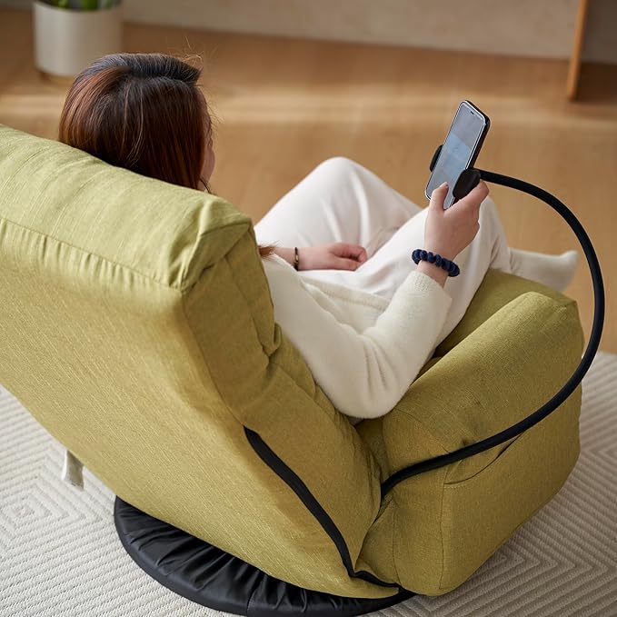 Gwen Upholstered 360° Swivel Chair Lounge Chair with Adjustable Backrest/Headrest Metal Frame Living Room Lounge Sofa and Phone Holder Comfy Bean Bag Chair Green