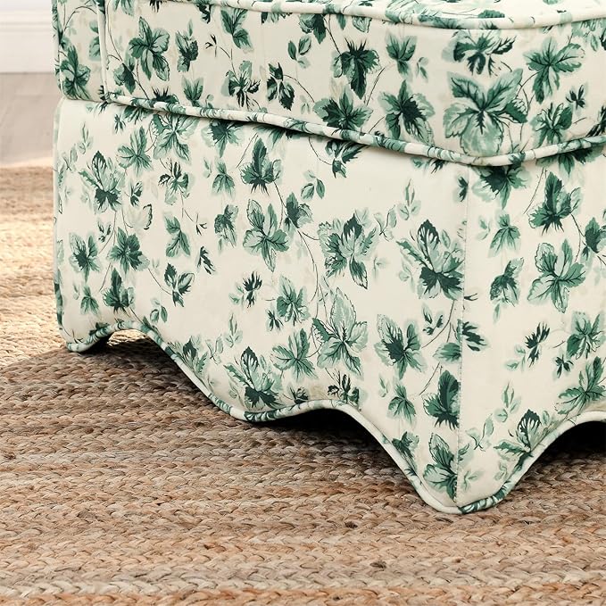 Polibi Retro Single Chair with Flower Pattern and Wave-Shape Edge Flannel Upholstered Armless Sofa Chair with Seat Cushion and Pillow for Living Room Bedroom Green Flower