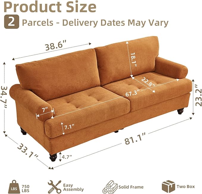 81” Sofa Couch with Storage Mid Century Modern Decor Loveseat Couches for Living Room Button Tufted Upholstered Small Couch for Bedroom Apartment (Ginger)
