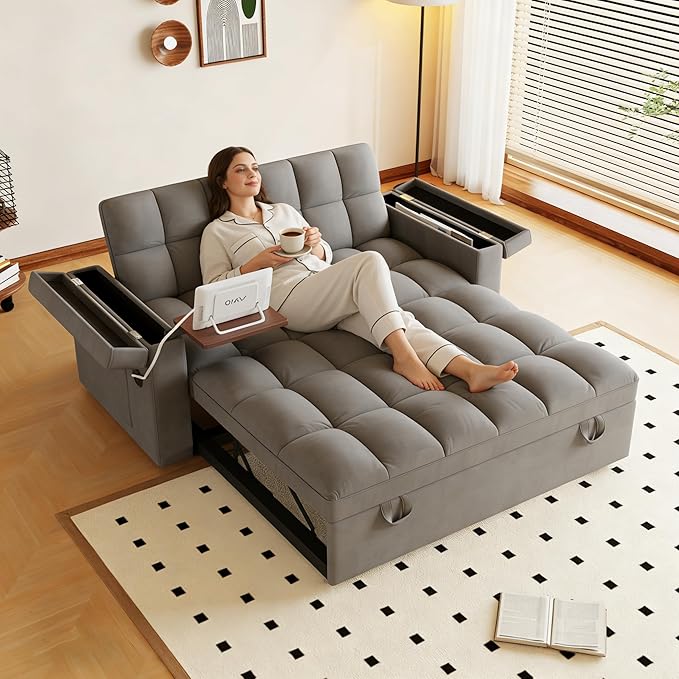 65 Convertible Sleeper Sofa Bed with Storage Modern Velvet Loveseat Pull-Out Couch with USB and Table Board Small Love Seat Lounge Sofa w/Adjustable Backrest Pillows Pockets for Living Room