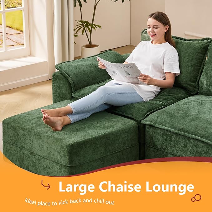 Hobestluk 120 Cloud Modular Sectional Couch 3-Seater Sofa with Ottoman L Shaped Sofa with Removable Cover Large Sofa Couch for Living Room (Green 3-Seater Sofa with One Ottoman)