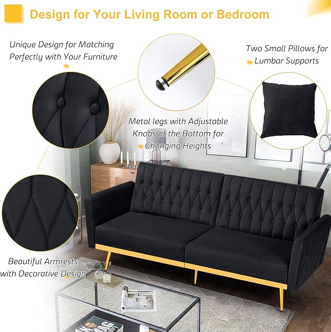 70” Velvet Futon Sofa Bed with 2 Pillows and Adjustable Armrests Convertible Sleeper Bed W/Adjustable Backrests Modern Loveseat for Living Room Bedroom Black