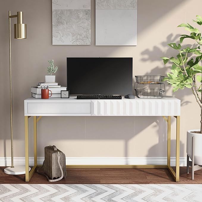 24/7 Shop at Home Bellevue Modern Metal Hidden Storage Writing Desk with Lift-Top for Workstation Home Office Study Room Antique White and Gold