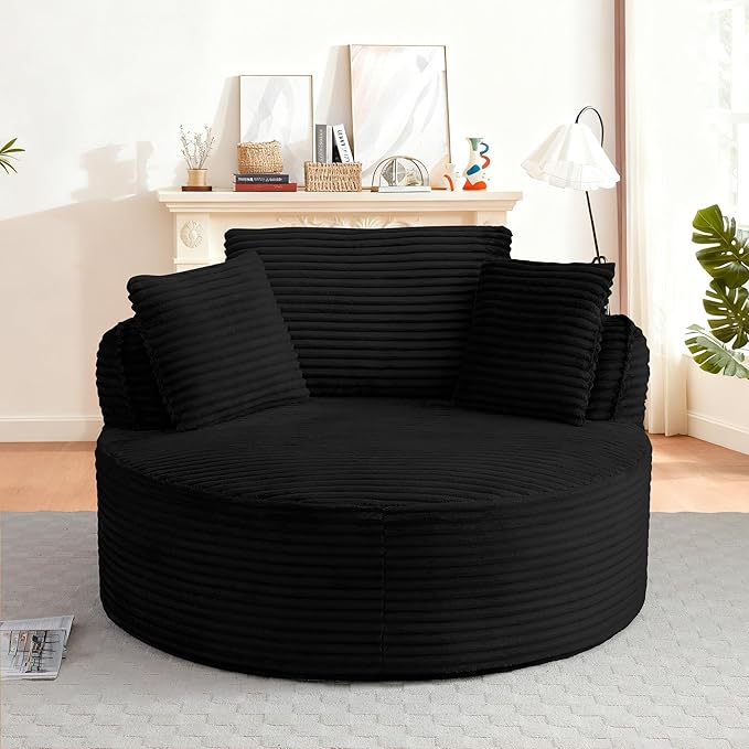 53W Oversized Round Chair Lounge Chaise Indoor Corduroy Comfy Circle Reading Armchair Upholstered Modern Cloud Boneless Chairs Cozy Floor Sofa Chair for Living Room Bedroom Apartment(Black)