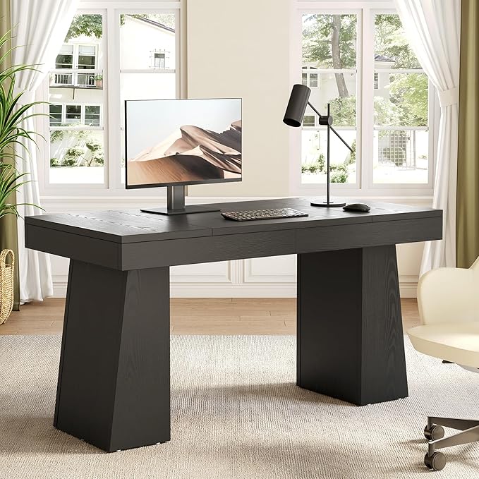 1Easylife 55 Inches Long Computer Desk Large Wooden Home Office Desk with Heavy Duty Pedestal Modern Simple Style Study Writing Desk for Home Office Black