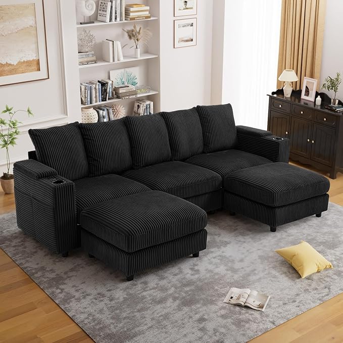 110 Oversized Cloud Couch U Shaped Modular Sectional Sofa L Shaped Sectional Couches for Living Room Comfy Corduroy Cloud Sofa with Ottoman USB Port Cup Holder Armrest Storage Side Pocket Black