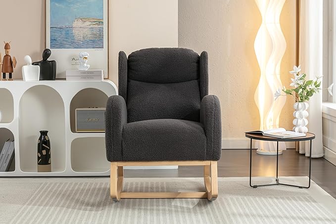 Teddy Rocking Chair Dark Gray Fabric Armchair with Wooden Legs for Living Room Bedroom