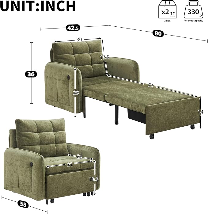3-in-1 Convertible Sleeper Chair Bed Multi-Functional Chenille Single Sofa Bed with Storage Pockets and Box 80 Extra Long Pull Out Sleeping Lounge Chair for Living Room &amp Apartment (Green35)