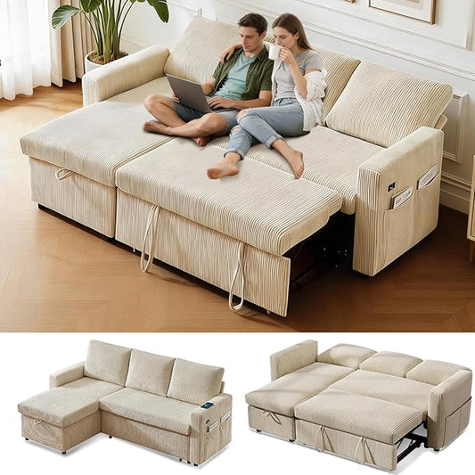WEUP 82 L Shaped Sectional Sleeper Sofa Bed with Pull Out Bed Sectional Sleeper Couch Pull Out Couch with Reclining Backrest/Reversible Storage Chaise/USB Ports/Tool-Free Assembly Corduroy Beige