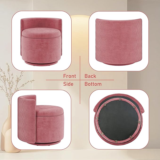 360° Swivel Accent Chair with Storage Vanity Stool with Back Velvet Storage Ottoman Upholstered Round Barrel Vanity Chair for Living Room Makeup Room Bedroom (Dusty Rose)