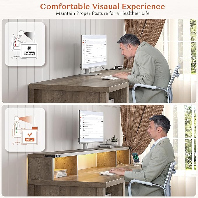 EnHomee Computer Desk with Drawers23 D Home Office Desk with StorageWooden Desk with Monitor StandFarmhouse Desk with Printer Space and Power Outlets for StudioWork StudyWriting&ampGaming