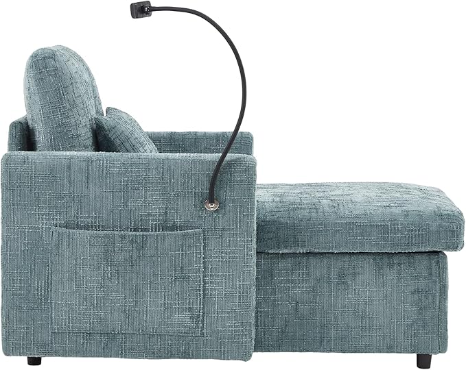 Multifunctional Sofa Recliner Chairs with Storage Cell Phone Bracket Chenille Recliner Chair Bed with Side Pockets and High Backrest Modern Living Room Single Lounge Chair (Lake Blue)