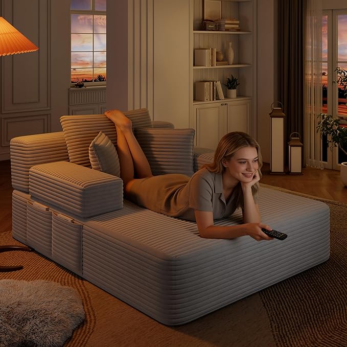 48.5 Oversized Chaise Lounge Chair Indoor 3-in-1 Convertible Sleeper Sofa Bed Plush Corduroy Boneless Chaise with 3 Pillows &amp Side Pockets Adjustable Back/Armrest for Living Room - Light Grey