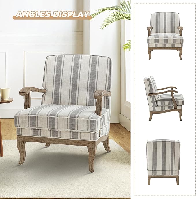 HULALA HOME Mid-Century Modern Chair Set of 2 Upholstered Accent Chair with Graceful Curves and Wooden Legs Comfy Lounge Armchair Striped Accent Chairs for Living Room Bedroom (Grey)
