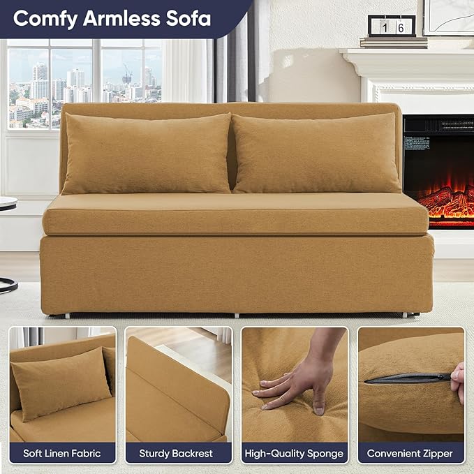 ijuicy 3 in 1 Queen Size Pull Out Sofa Bed Linen Sleeper Sofa with Pullout Bed Convertible Loveseat Couch Beds with Pillows and Tri-fold Mattress for Small Space Apartment Mustard Yellow