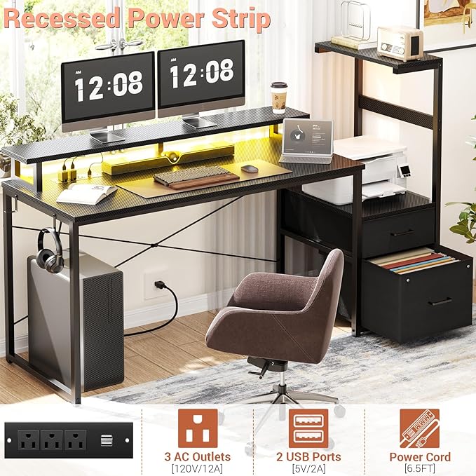 Aheaplus Gaming Desk with LED Strip &amp Power Outlet 59Inch Reversible Computer Desk with Monitor Stand &amp Storage Shelves Home Office Desks with Fabric File Drawer PC Gamer Table Carbon Fibe