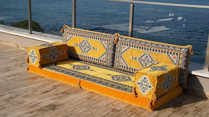 Single Arabic Floor Seating Cushions Arabic Majlis Floor Sofa Reading Nook Loveseat Sofa Single Floor Couch Ottoman Floor Pillows (Yellow)