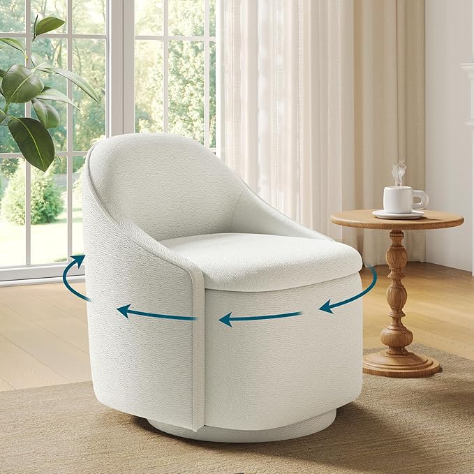 LINSY Swivel Accent Chair with Storage Comfy Chenille Barrel Chairs Small 360 Swivel Modern Armchair for Living Room Bedroom Boucle Reading Chair for Study Room (Beige)