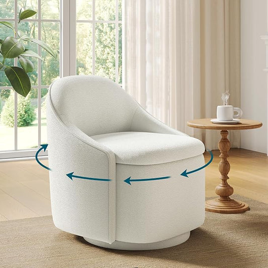 LINSY Swivel Accent Chair with Storage Comfy Chenille Barrel Chairs Small 360 Swivel Modern Armchair for Living Room Bedroom Boucle Reading Chair for Study Room (Beige)