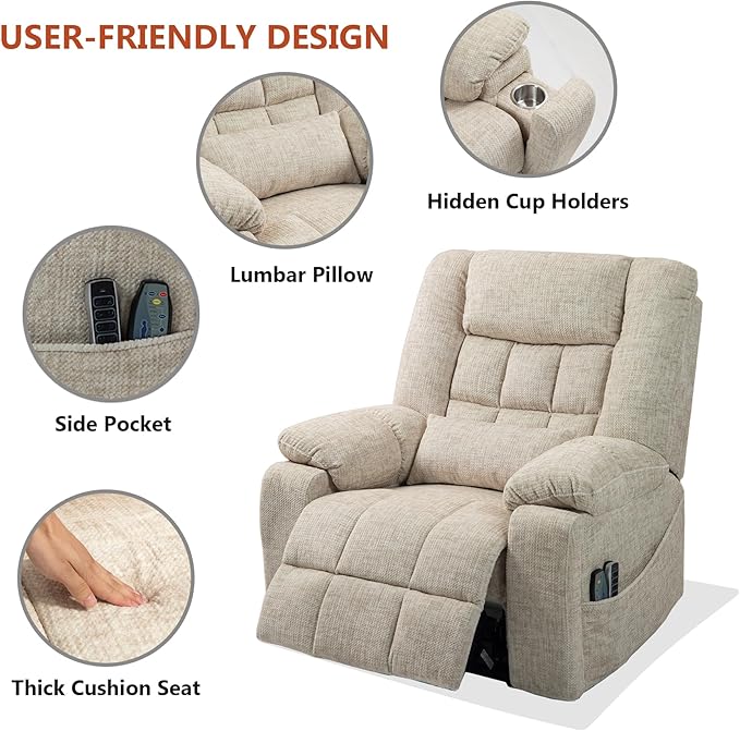 4 Motor Power Lift Recliner Chair for Elderly Oversized Lay Flat Recliner with Massage Heat Adjustable Headrest Hidden Cup Holders Zero Gravity Big and Tall Recliners Cream