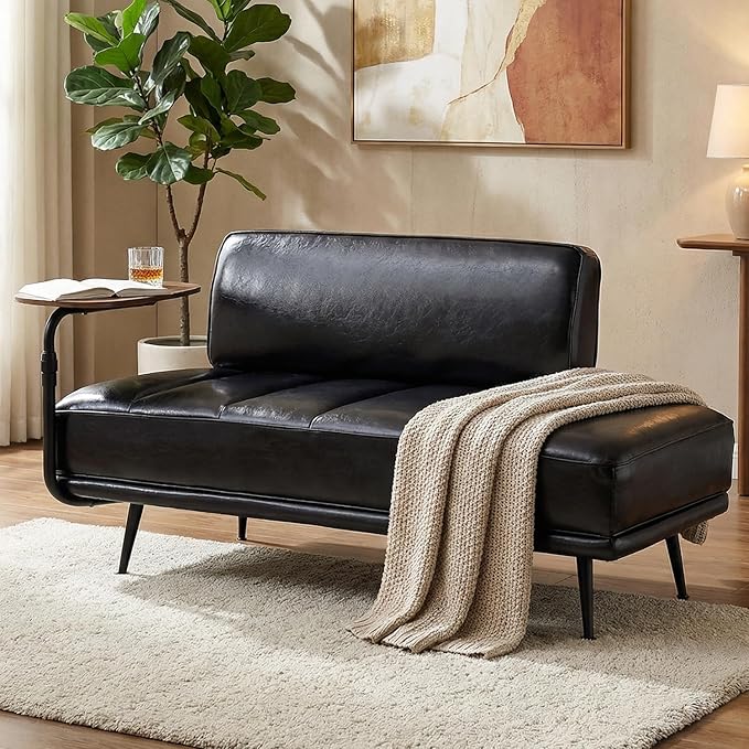 55 Faux Leather Upholstered Sofa Entryway Ottoman Modern End of Bed Bench with Side Table 360-degree Swivel Tray Couch Window Bench with Metal Legs for Bedroom Living Room (Black)