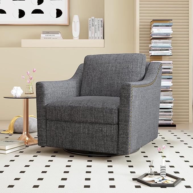 360 Degree Swivel Armchair: Ergonomic Cotton Linen Chair for Living Room Bedroom Office - Black Legs