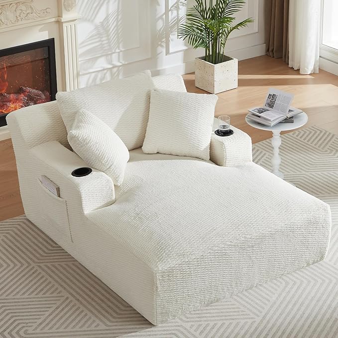 66 Oversized Chaise Lounge Chair Indoor Modern Upholstered Deep Seat Sofa Bed Sleeper Couch Reading Chairs Comfy Corduroy Cloud Sofas Couches for Living Room No Assembly Cream