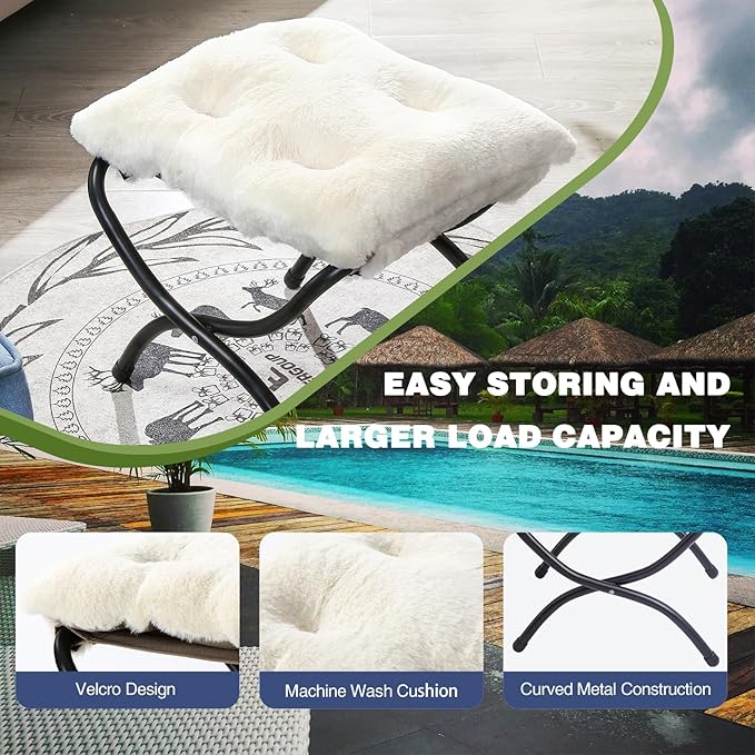 15 Foldable Foot Stool Ottoman with Metal Frame - Washable Faux Fur Beige Upholstered Indoor/Outdoor Footrest for Living Room Bedroom Patio - Space-Saving Compact Design