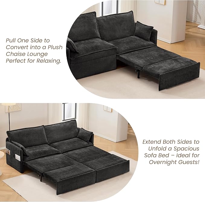 King Size Pull Out Couch3-in-1 Corduroy Sleeper Sofa with Pull Out Sofa BedUSB &amp Side StorageConvertible Loveseat Sleeper Couch for Living Room Bedroom pet-Friendly(Black 73.6'')