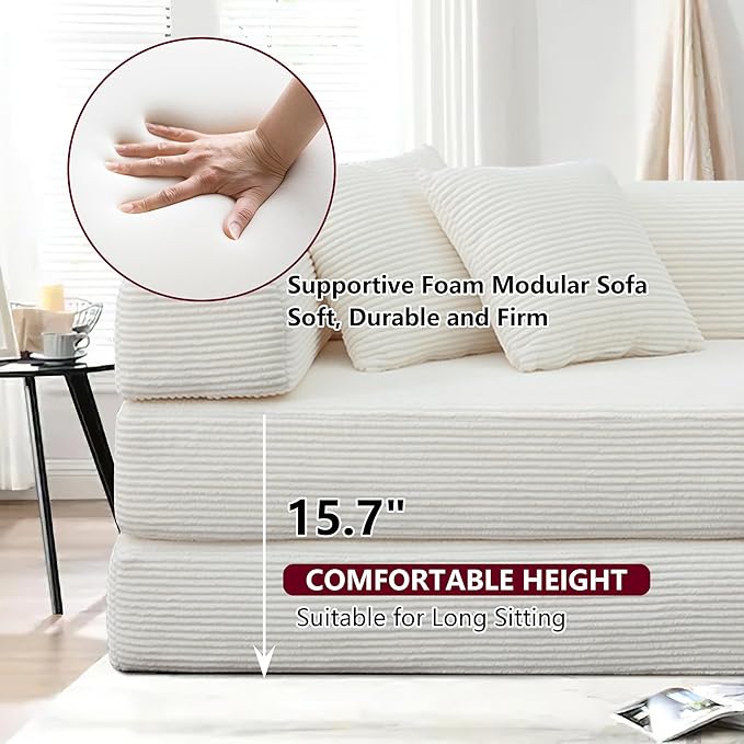 JJJ 78 inch Sofa Bed 4-in-1 Boneless Convertible Corduroy Sleeper Folding Couch with Fixed-Shape Frame and 2 Pillows Futons No-Assembly 3 Seater Upholstered for Living Room (Beige 78 inch)