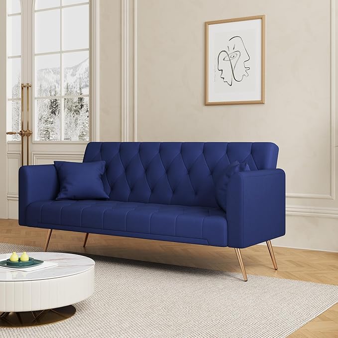 71 Futon Sofa Bed VelvetConvertible Sleeper Sofa CouchModern Folding Futonwith 3 Adjustable Backrests and 2 Pillowsfor Small Living Room Bedroom Office (Blue)