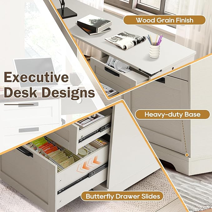 Farmhouse L Shaped Executive Desk 60 Home Office Desk with Drawers &amp Charging Station Wood Corner Computer Writing Desk with File Drawer and Storage Cabinet for Home Office (Light Grey)