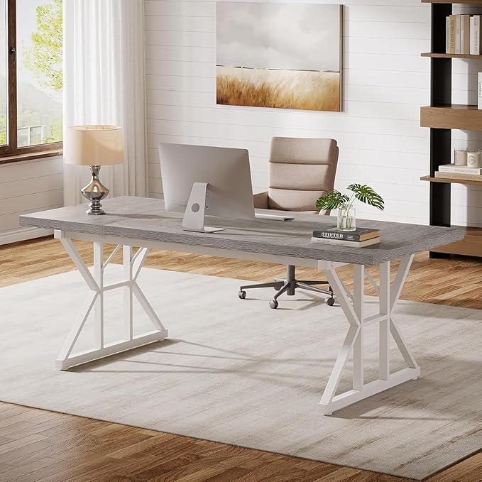 Tribesigns 70.86-Inch Large Executive Desk Industrial Home Office Computer Desk Simple Long Writing Study Table Business Furniture (Grey/White)