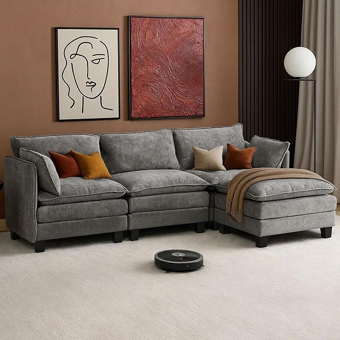 111” Modular Sectional Sofa L Shaped Cloud Couch with Ottoman Chenille Deep Seat Sofa with Pillow for Living Room Bedroom and Apartment4 Seats Light Grey